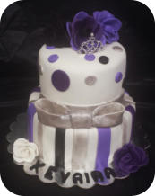 2 Tier Cake Purple, Black, & SIlver Stripes, Polka Dots, & Flowers